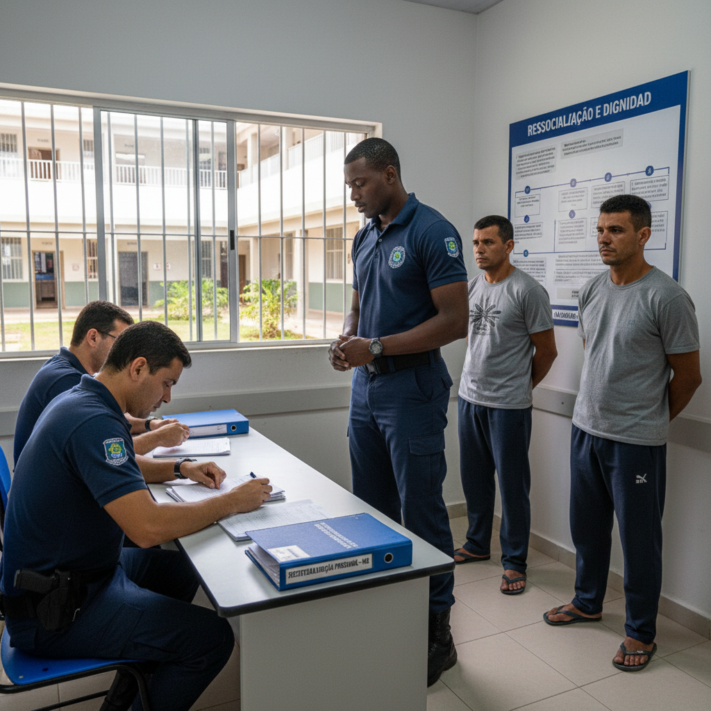 Interior de Minas Gerais, unidade prisional com estrutura humanizada, agentes de segurança revisando documentos, ambiente brasileiro de ressocialização