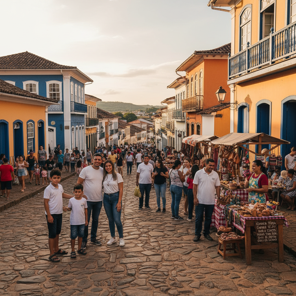 Um casarão histórico restaurado em uma cidade colonial de Minas Gerais, com turistas caminhando na rua de pedra. Há detalhes de arquitetura barroca e pessoas brasileiras admirando o local.