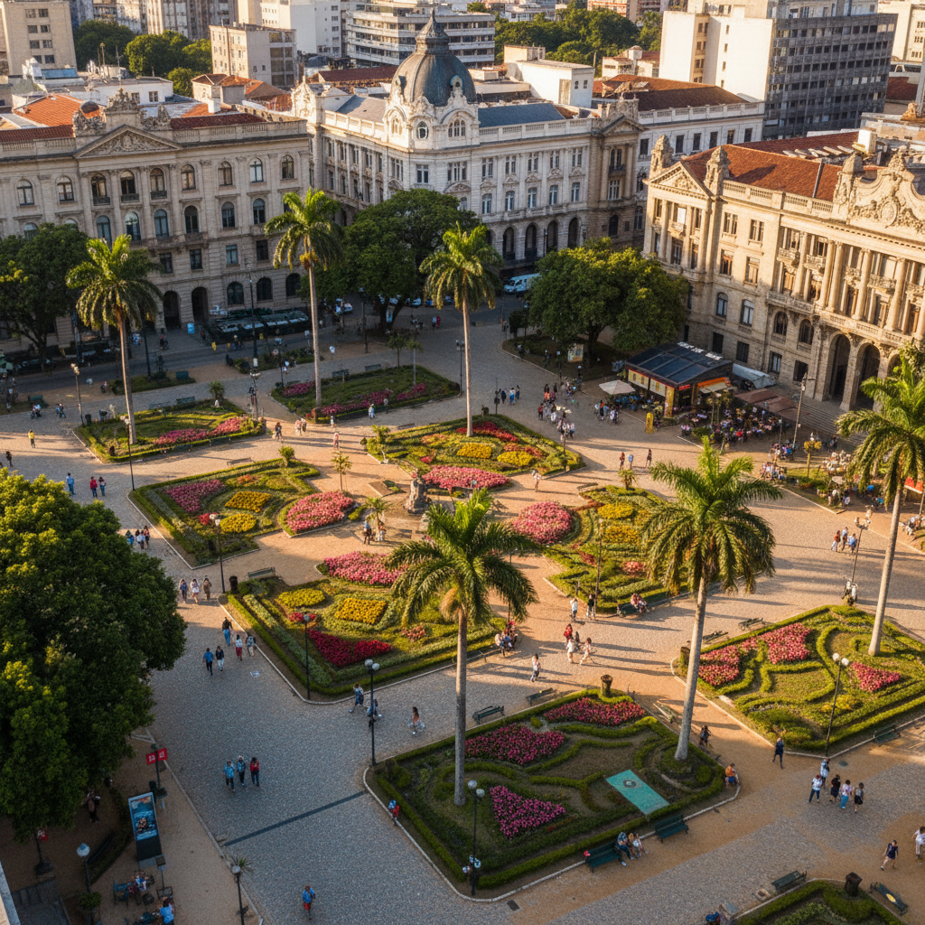Vista aérea da Praça da Liberdade em Belo Horizonte, Minas Gerais, com seus jardins bem cuidados e edifícios históricos ao redor, sob um céu azul claro, refletindo a beleza e a complexidade do estado.