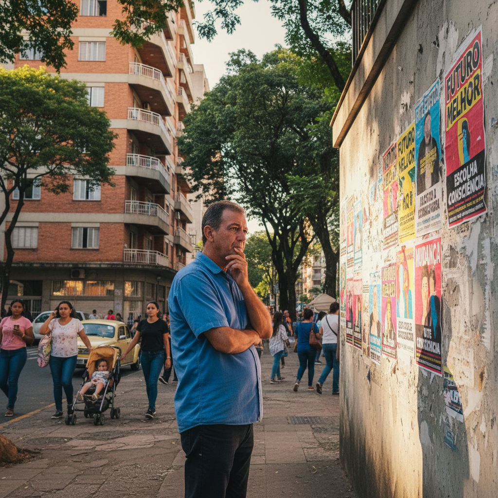 Um cidadão mineiro em frente a um cartaz de eleição em um dia ensolarado, com sua mão pensativamente no queixo, enquanto observa os nomes e números dos candidatos em uma rua movimentada de Belo Horizo