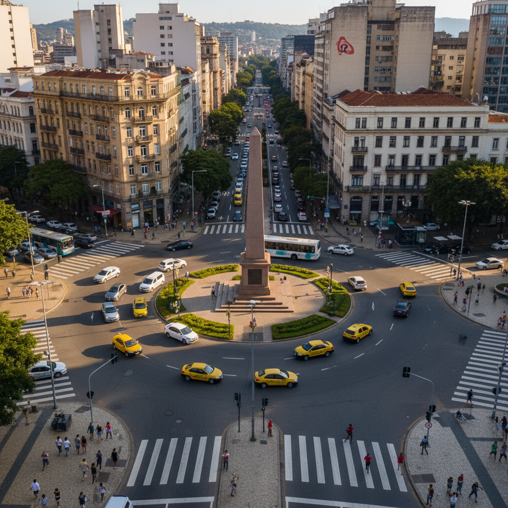 Vista aérea da Praça Sete de Setembro, em Belo Horizonte, Minas Gerais, com o Obelisco ao centro, movimentação de carros e pessoas em um dia ensolarado, representando a vibração política e social da c