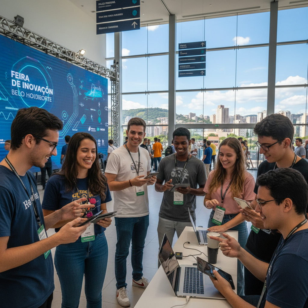 Jovens mineiros em uma feira de tecnologia e inovação em Belo Horizonte, sorrindo e interagindo com displays interativos, um representando o estado de Minas Gerais. O ambiente é vibrante e cheio de op