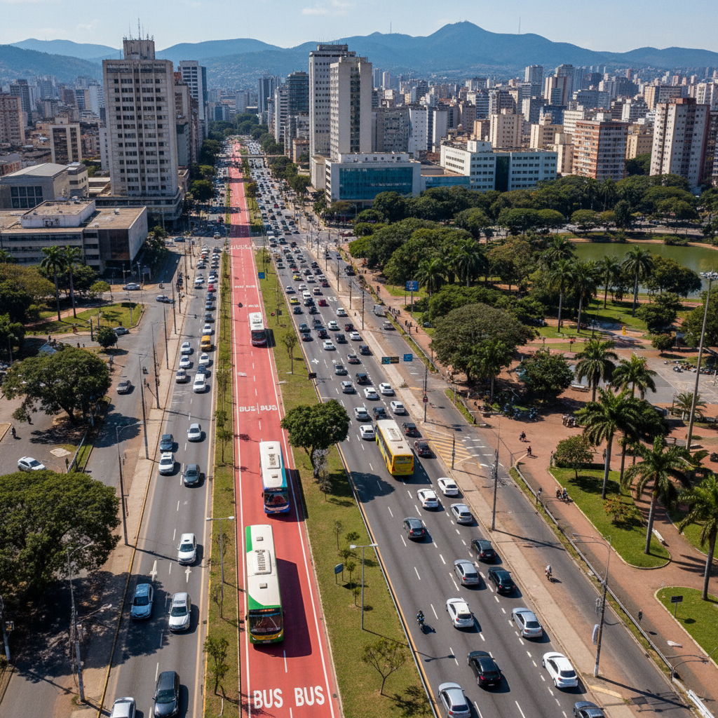 Vista aérea da Avenida Afonso Pena em Belo Horizonte, Minas Gerais, com faixas exclusivas de ônibus claramente demarcadas, fluxo de veículos e pedestres no entorno. O sol do fim de tarde ilumina os ed