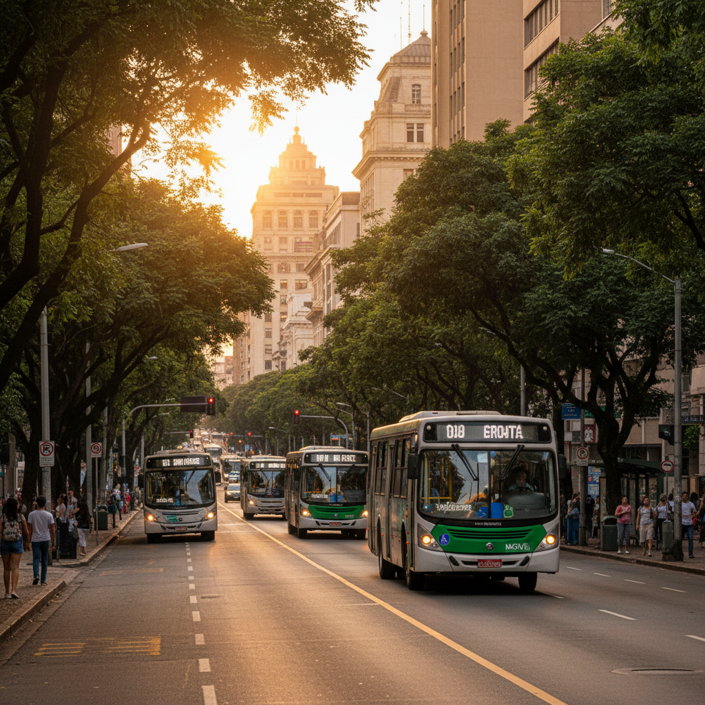 Ônibus circulando em faixa exclusiva em uma avenida movimentada de Belo Horizonte, com prédios antigos e árvores ao fundo. Cenário urbano brasileiro.