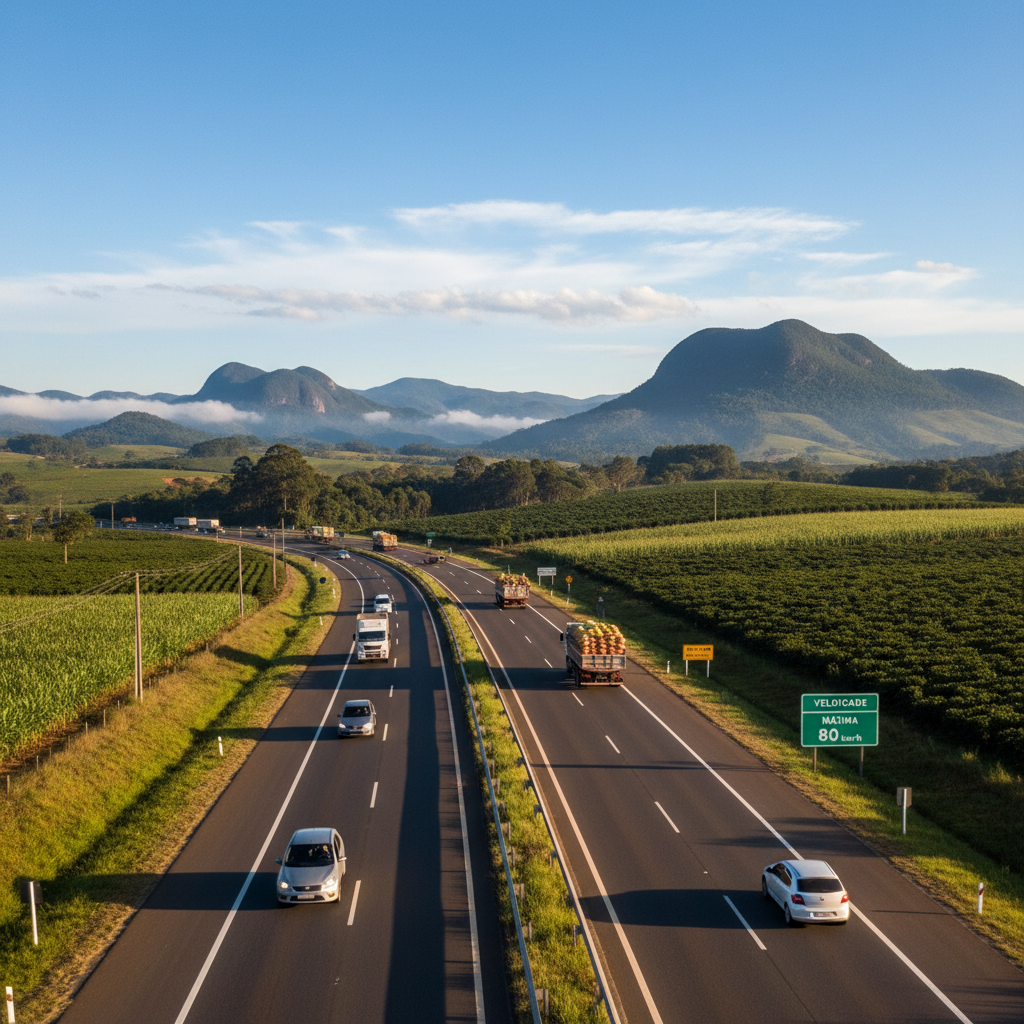 Rodovia pavimentada no interior de Minas Gerais, com caminhões e carros circulando sob um céu azul, rodeada por montanhas verdes e plantações, simbolizando o fluxo econômico e o progresso do estado.