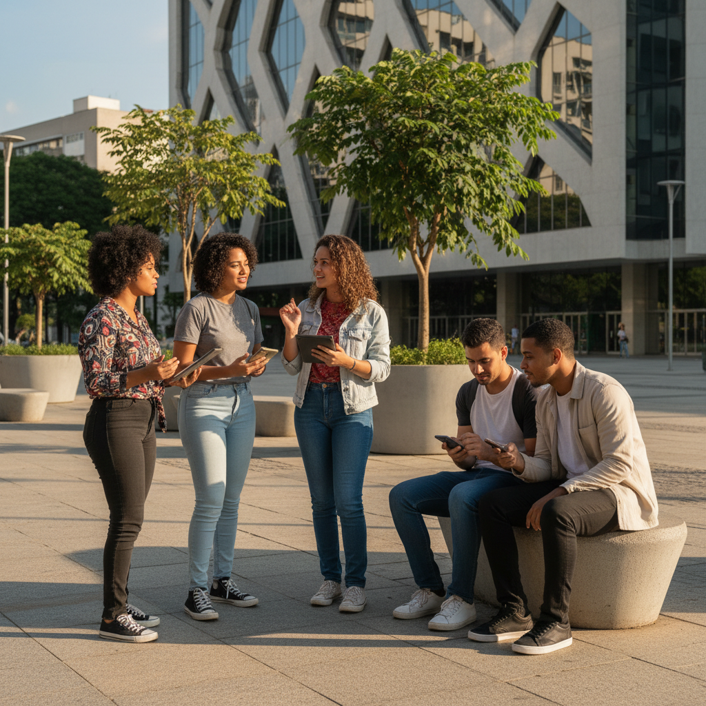 Jovens brasileiros conversando e utilizando tablets em um espaço público moderno em Belo Horizonte, demonstrando engajamento e conectividade.