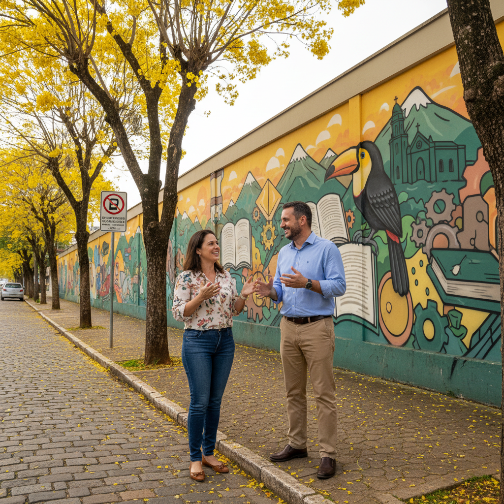 Homem e mulher, ambos brasileiros, conversando em frente a uma escola pública em Minas Gerais, com um muro grafitado com temas de educação e cultura local. A cena é diurna e representa um ambiente de