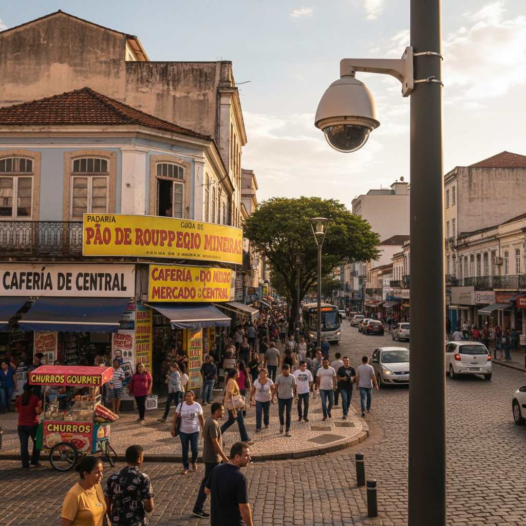Câmera de vigilância moderna instalada em um poste em uma rua de Belo Horizonte, com prédios residenciais e o céu azul ao fundo, mostrando a cidade limpa e organizada do Brasil.