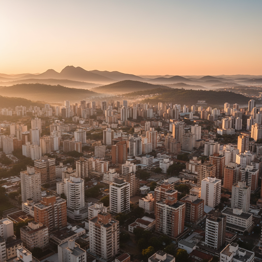 Vista panorâmica de Belo Horizonte, Minas Gerais, ao amanhecer, com prédios e algumas montanhas ao fundo, refletindo o início de um novo dia para a política mineira.
