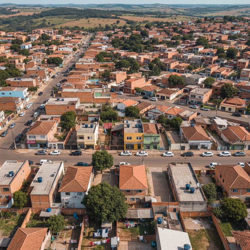 Vista panorâmica de um bairro residencial em Venda Nova, Belo Horizonte, Minas Gerais, com casas simples, ruas asfaltadas e algumas árvores, sob um céu claro de final de tarde.