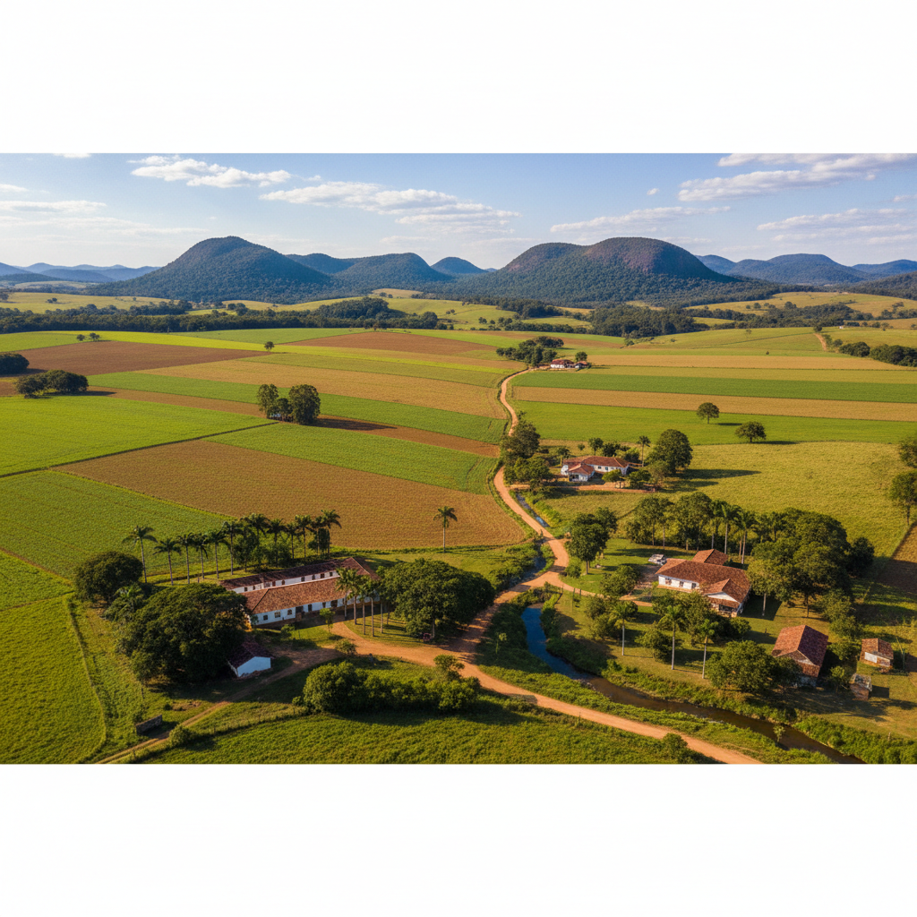 Vista aérea de uma pequena fazenda produtiva em Minas Gerais, com campos verdes, casas de fazenda típicas e uma estrada de terra serpenteando, sob um céu azul claro. Ao fundo, montanhas suaves. Cena b