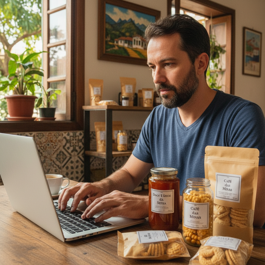 Mãos de um empreendedor mineiro, em Belo Horizonte, digitando em um laptop enquanto embala produtos artesanais para venda online. Ao fundo, um selo 'MEI' com a bandeira do Brasil. A cena transmite foc