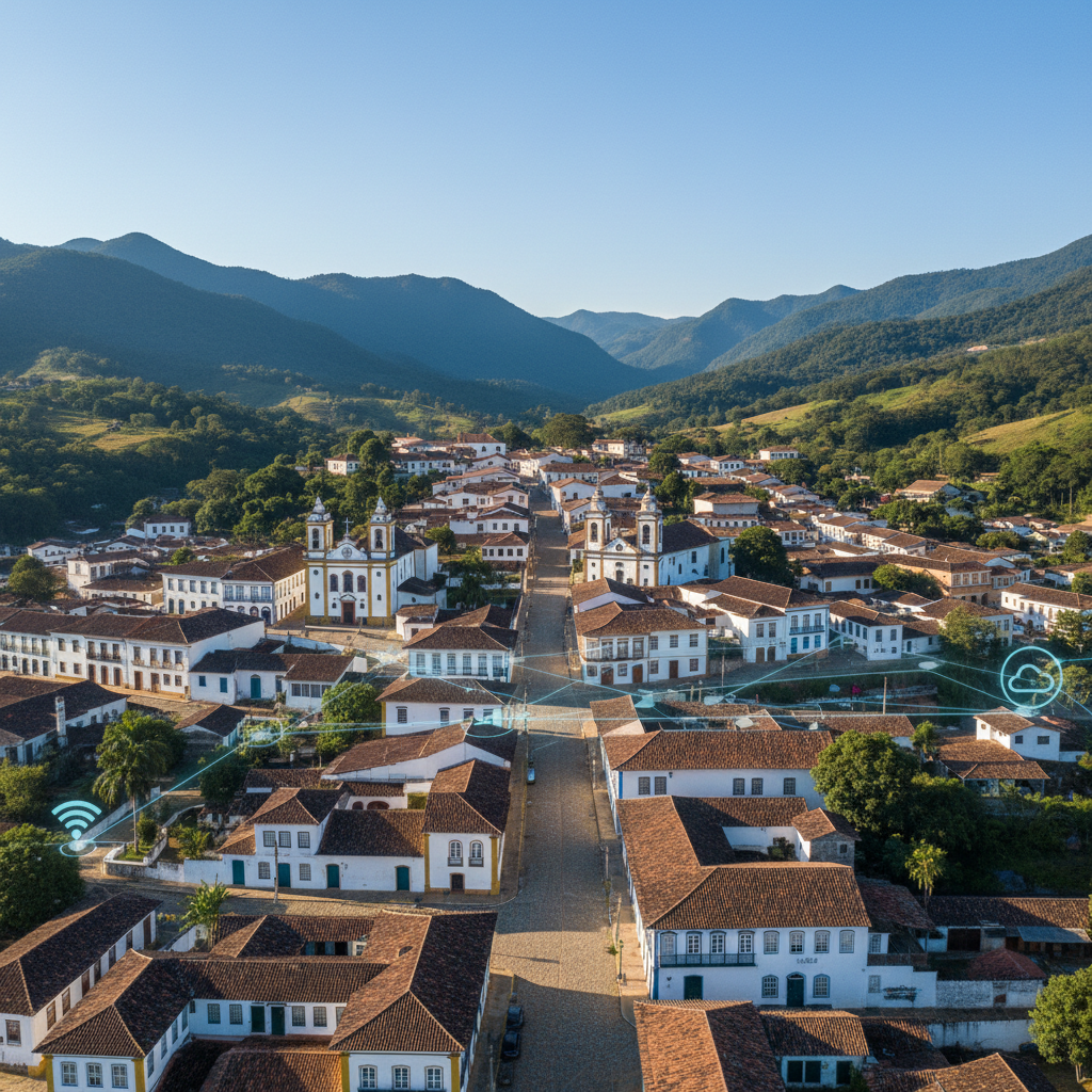 Vista aérea de uma pequena cidade histórica mineira, com casarões coloniais e telhados de barro, e discretamente sobrepostos com elementos gráficos que sugerem conectividade e tecnologia, como linhas