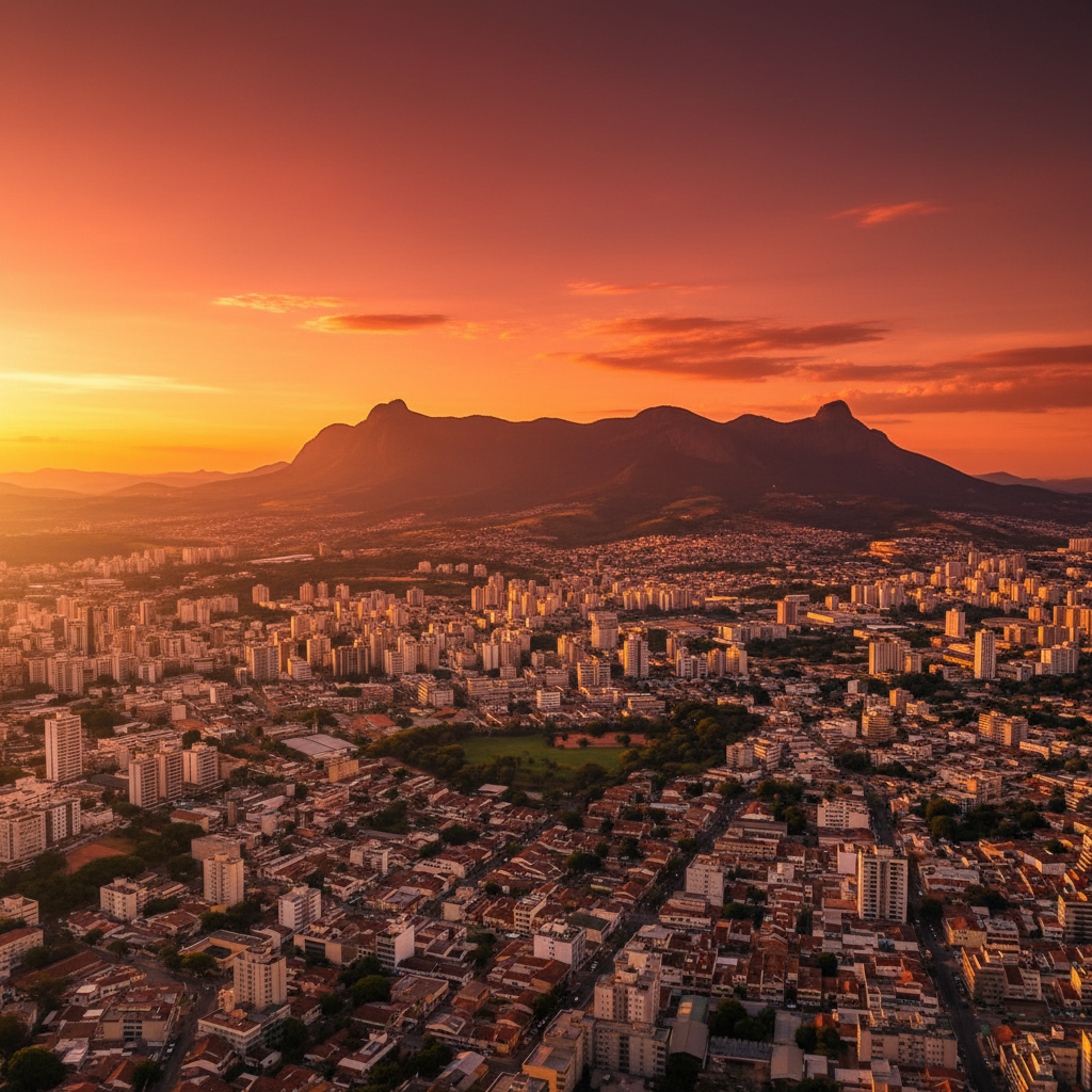 Vista panorâmica da Serra do Curral em Belo Horizonte, Minas Gerais, com a cidade se estendendo à frente ao pôr do sol, representando a grandeza e os desafios do estado.