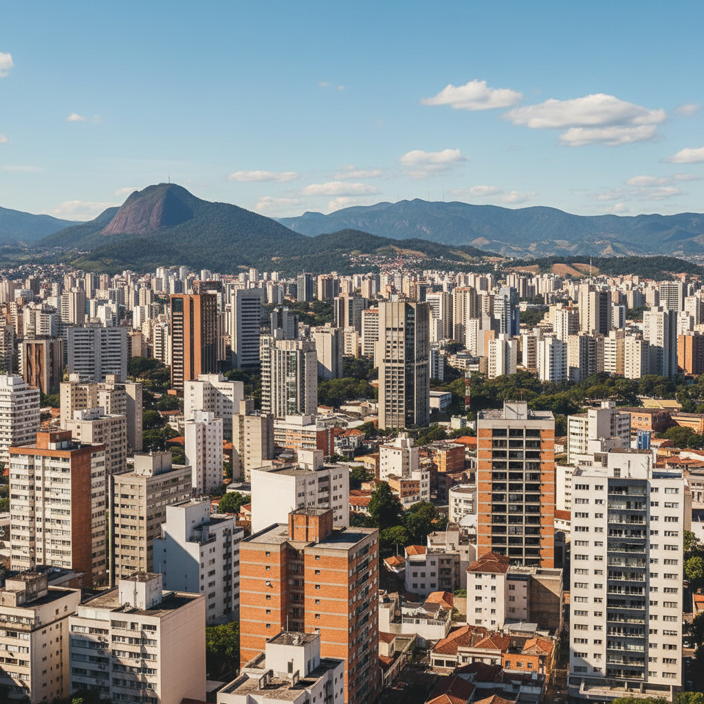 Cena panorâmica de Belo Horizonte, Minas Gerais, com o horizonte urbano e montanhas ao fundo, sob um céu claro ao entardecer, sem pessoas visíveis.