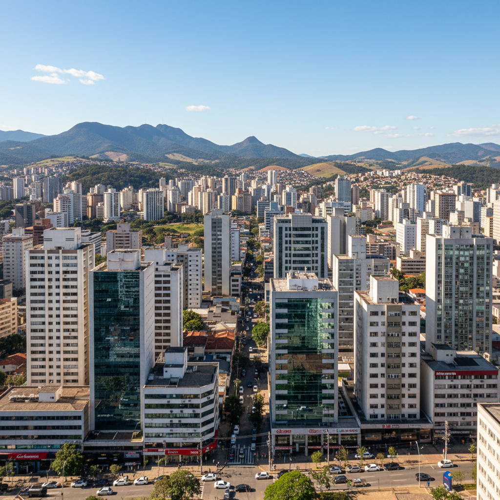 Vista aérea de Belo Horizonte, Minas Gerais, com arranha-céus e montanhas ao fundo, simbolizando o potencial e a complexidade do estado.