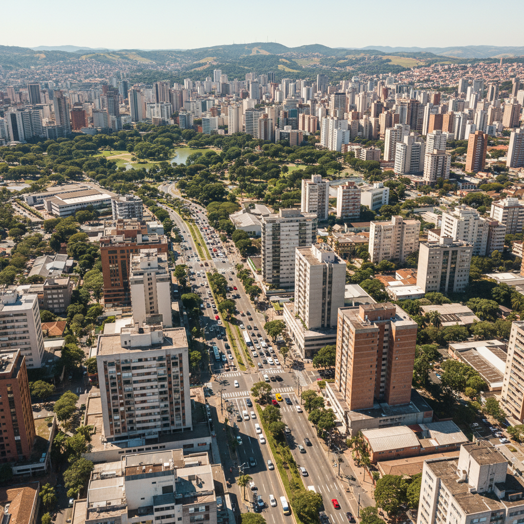 Vista aérea do centro de Belo Horizonte, Minas Gerais, com edifícios altos e ruas movimentadas sob um céu claro, representando a complexidade e a energia da capital mineira.