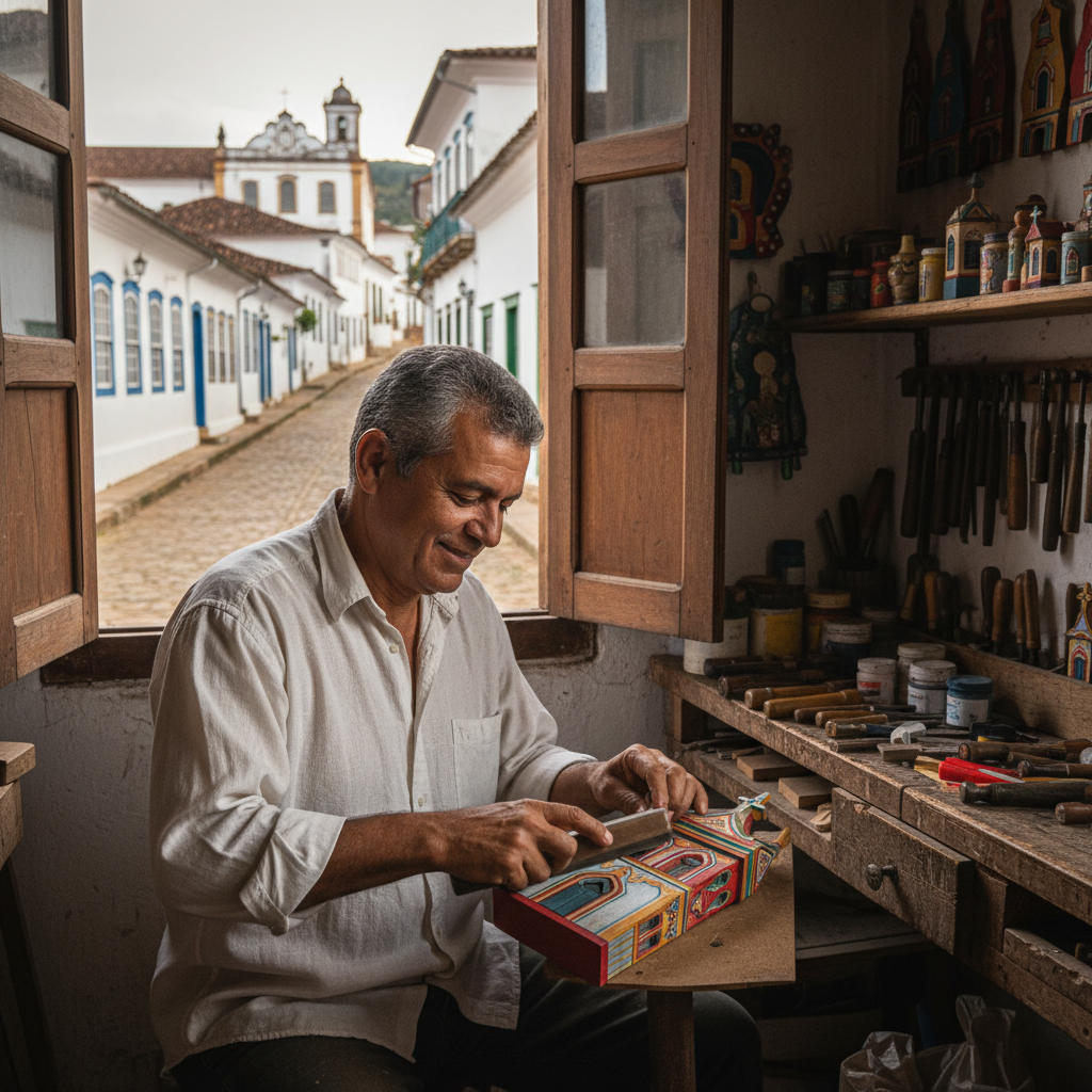 Homem mineiro de meia idade, com sorriso simpático, trabalhando artesanalmente com peças de madeira coloridas em uma pequena oficina na cidade histórica de Ouro Preto, Minas Gerais. Ao fundo, detalhes