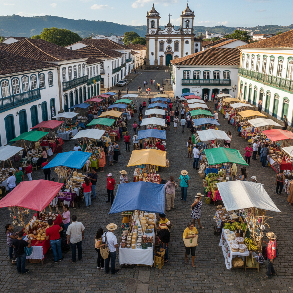 Vista aérea vibrante de uma pequena feira de produtores rurais e artesãos em uma praça colonial de Minas Gerais, com pessoas brasileiras interagindo em barracas coloridas, evidenciando o empreendedori
