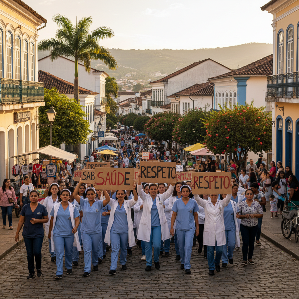 Trabalhadores da saúde brasileiros em Minas Gerais, vestindo seus uniformes, participando de uma manifestação pacífica. Eles seguram cartazes com frases sobre valorização profissional e melhores condi