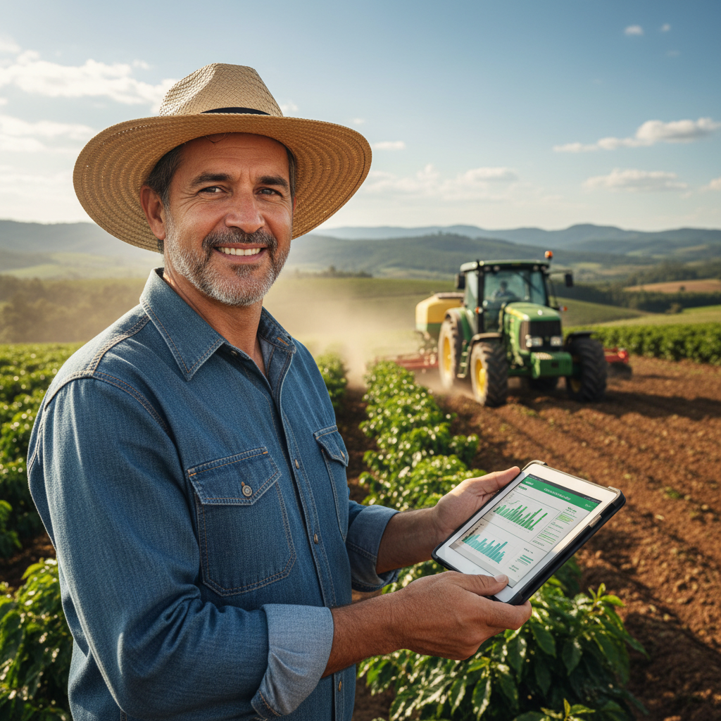 Produtor rural mineiro utilizando um tablet para monitorar a lavoura, com um trator ao fundo em uma paisagem ensolarada de Minas Gerais.