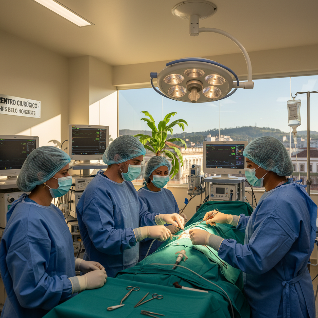 Equipe médica brasileira em Minas Gerais realizando procedimento cirúrgico, focando na tecnologia e precisão da medicina moderna em um hospital público. Homens e mulheres trabalhando juntos em um ambi